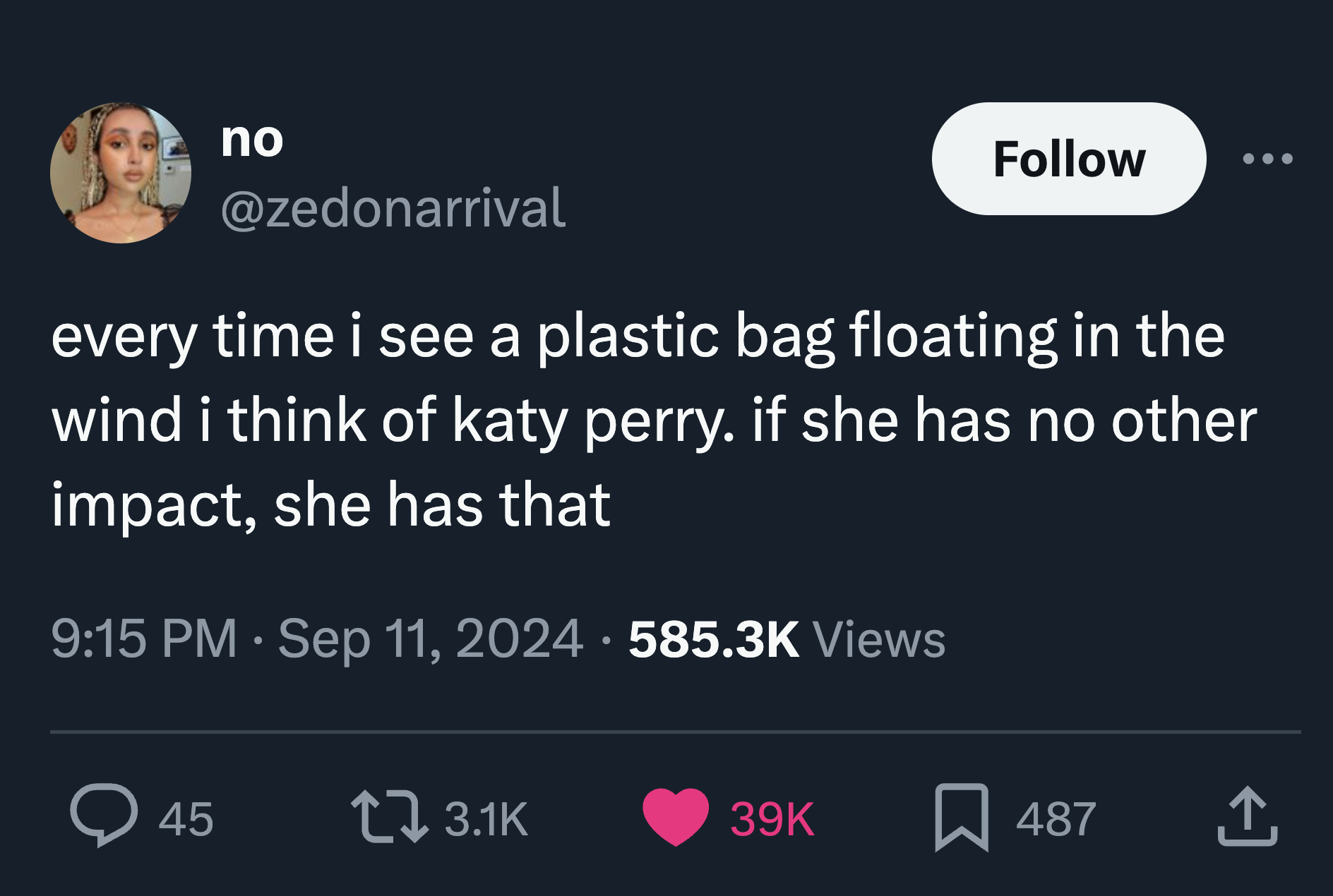 screenshot - no every time i see a plastic bag floating in the wind i think of katy perry. if she has no other impact, she has that Views 45 t 39K 487